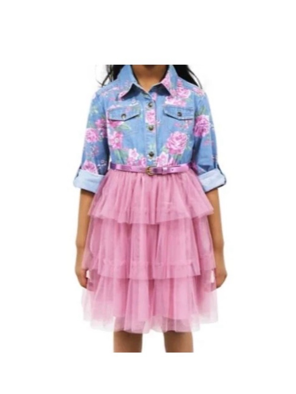 Pink and Violet Girls Floral Denim Top with Pink Tulle Tiered Skirt Dress